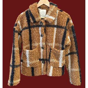 Stoosh Plaid Sherpa Teddy Jacket Brown Black White Check Cozy Retro Y2K Style